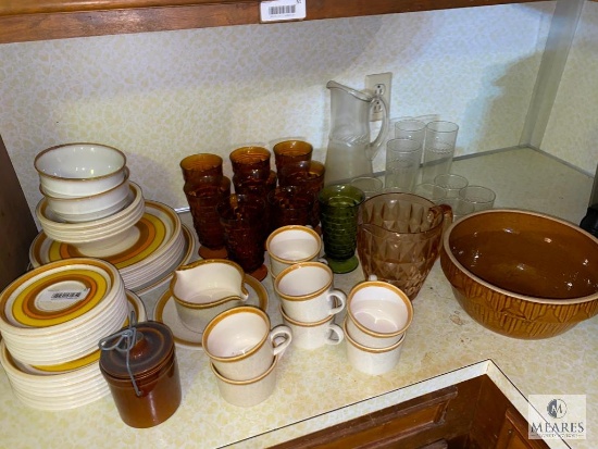 Large Lot of Brown and White Dinnerware and Serving Bowl