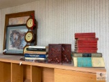 Desk Lot: Books, Bookends, Barometer, Framed Prints