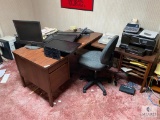 LARGE OFFICE LOT: Five Flatscreen Monitors, Chair, Printers, Shredder File Cabinet & Computer Desks