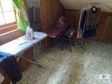 Vintage Singer Sewing Machine with Cabinet, Ironing Board with Iron, Clothes Rack and Wall Mirror