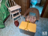 Antique High Chair, Wicker Child's Chair and Picnic Basket