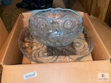 Large Pressed Glass Punch Bowl and Cups in Original Box