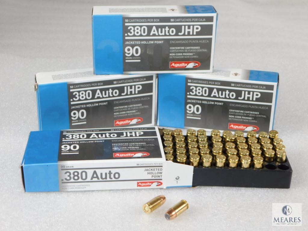 200 Rounds Aguila .380 ACP Ammo. 90 Grain Jacketed Hollow Point Self  Defense (4 Boxes Of 50) | Guns & Military Artifacts Gun Parts | Online  Auctions | Proxibid