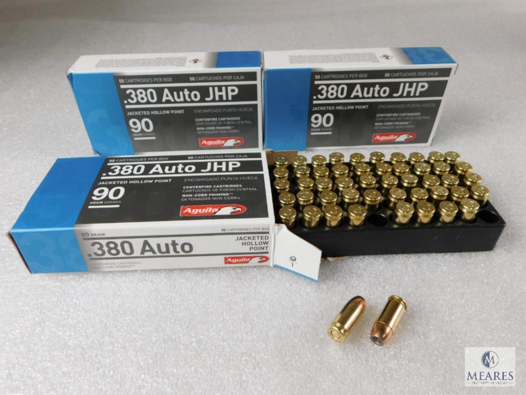 150 Rounds Aguila .380 ACP Ammo. 90 Grain Jacketed Hollow Point Self  Defense (3 Boxes Of 50) | Guns & Military Artifacts Gun Parts | Online  Auctions | Proxibid