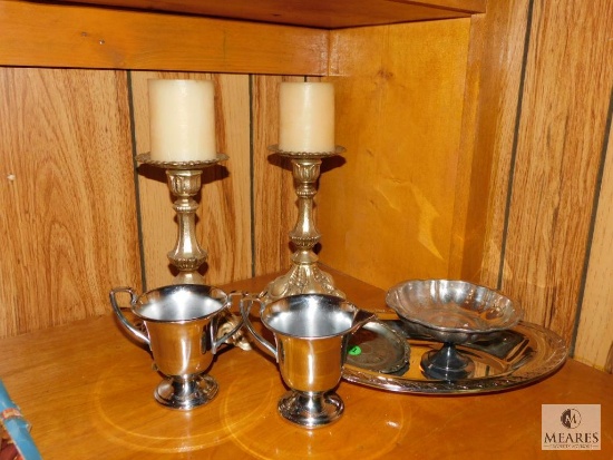 Lot of Silver Plated & Silver Tone Items - Candle Sticks, Platter, Bowl, and more