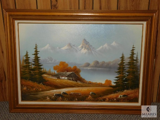 Large 44" x 32" Framed Barn Next to Lake Canvas Painting Signed B. Kesner