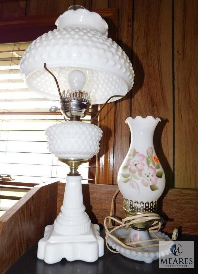 Lot of 2 Milk Glass Electric Lamps (1) Hobnail & (1) Handpainted