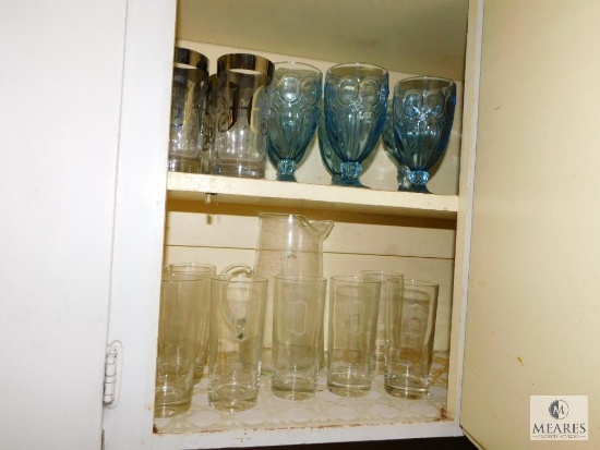 Cabinet Lot - Glassware, Monogram H & Mongram D Sets & Blue Tumblers