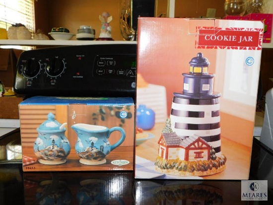 Lot New Lighthouse Cookie Jar & Suagr and Creamer Set