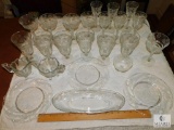 Large Lot of Etched Glass Stemware and Serving Dishes