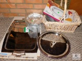 Lot of Silver Toned Serving Items (Most New) & Wicker Basket