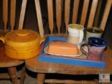 Wood Serving Tray with Stoneware Lidded Crock, Mugs & Butter Dish