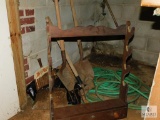 Lot - Long Gun Wood Shelf, Shovels, Water Hose, & Dust Pans