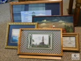 Lot of 5 Lighthouse Themed Pictures, Sketches and Wood Tray