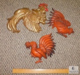 Lot (2) Metal & (1) Plaster Rooster Gamecock Wall Plaques