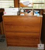 Wood 2 Drawer Lateral File Cabinet & Lot of Office Supplies