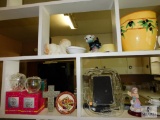 Kitchen Shelf Lot - Assorted Ceramic, Glass, Anniversary Clock & Pottery Decorations