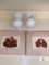 Two Framed Norval Morrisseau Pieces and Four White Glass Dessert Cups