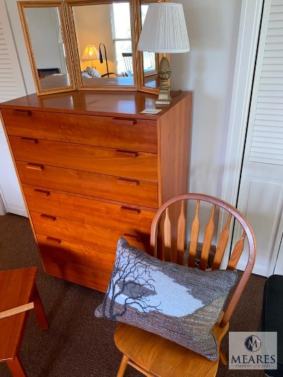 Loop Back Wood Chair, Embellished Pillow, Tri-Fold Mirror, and Small Accent Lamp