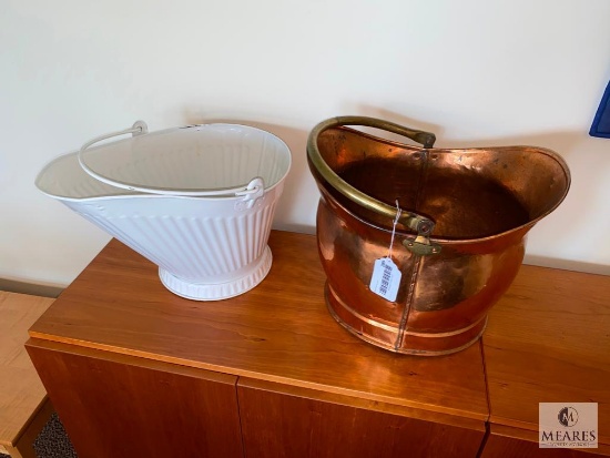 Copper Ash Bucket and Painted Coal Bucket