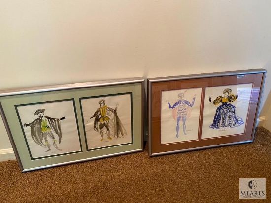 Two Framed Volpone Character Watercolors - Merchant/Lady Would-be and Sir Pol./Corvino