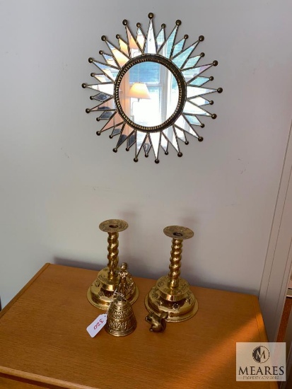 Brass Candlesticks and Bell, Includes Sunburst Mirror