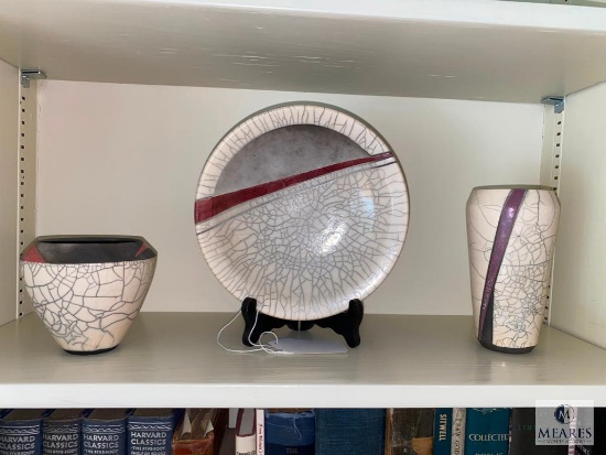 Three Piece Crackle Glaze Pottery Set