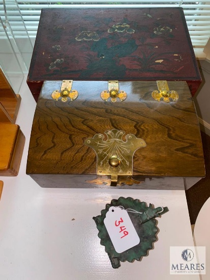 Two Vintage Boxes and Metal Dragon Candle Holder
