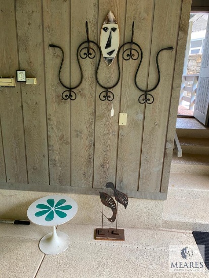 Iron Snakehead Towel/Clothes Rack, Pottery Face, Metal Bird Sculptures, and Vintage White Side Table