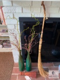 Two Handcrafted Brooms and Two Glass Vases