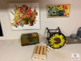 Hand Painted Stool, Wood Box, Wood Panel and Framed Painting