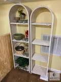 Group of Two White Wicker Shelves and Contents