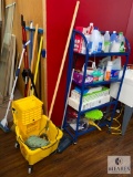 Large Lot of Cleaning Supplies - Includes Blue Metal Rolling Rack