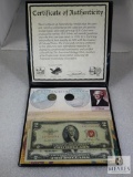 Faces of Jefferson Display Folder with 1953 Red Seal & 1995 $2.00 Bills plus WWII Silver Nickel