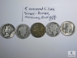5 Assorted Silver Dimes - Barber, Mercury, Roosevelt