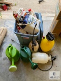 Plastic Tote of Yard Care Chemicals and Sprayers