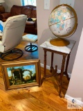 Globe, Marble-top Table and Framed Art