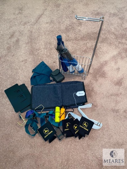 Lot - Metal Caddy, Umbrellas, John Deere Coozies and Straps