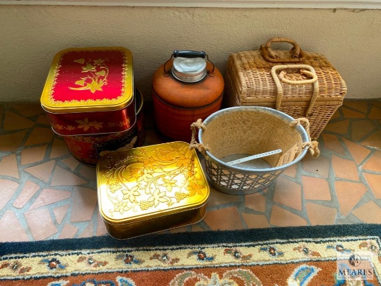 Lot Wicker Picnic Basket, Pottery, Metal Cooler, Tins and Basket