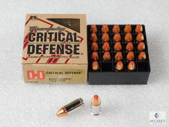 25 Rounds Hornady Critical Defense 9mm Ammo. 115 Grain FTX