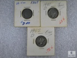 1867 3-cent Piece and Two Mercury Dimes