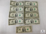 Group of Eight US Small-size $2 Notes and One US $1 Note