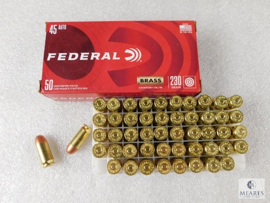 50 Rounds Federal 45 Auto 230 Grain Brass Champion FMJ RN Centerfire Pistol Cartridges