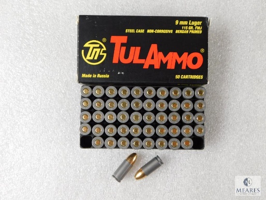 50 Cartridges TulAmmo 9mm Luger 115 Grain FMJ Steel Case Non-Corrosive Berdan Primed