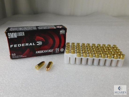 50 Rounds Federal American Eagle 124 Grain FMJ 9mm Luger Centerfire Pistol Cartridges
