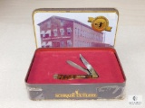 Old Timer Schrade Cutlery 2 Blade Folder Knife with Burl Wood Handles in Collector Tin