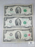 Group of Three $2 US Small-size Notes (One with Clemson Tiger Paw)