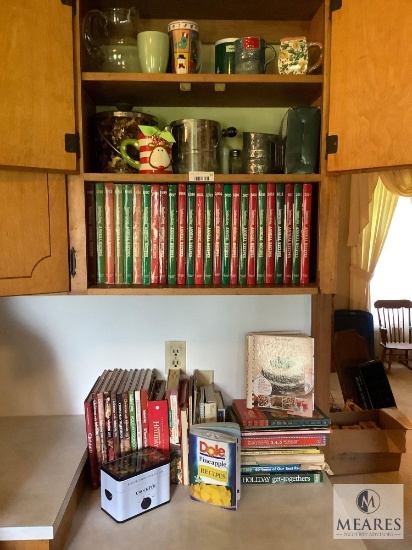Contents of Kitchen Cabinet with Large Cookbook Lot