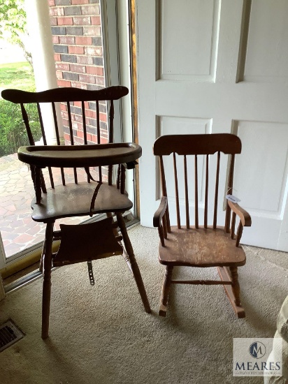 Wooden Child's High Chair and Child's Wooden Rocker