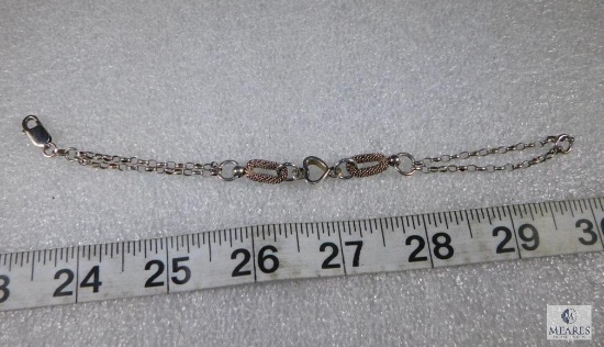 925 Sterling Silver Heart & Oval Double Strand Bracelet - Lobster Clasp